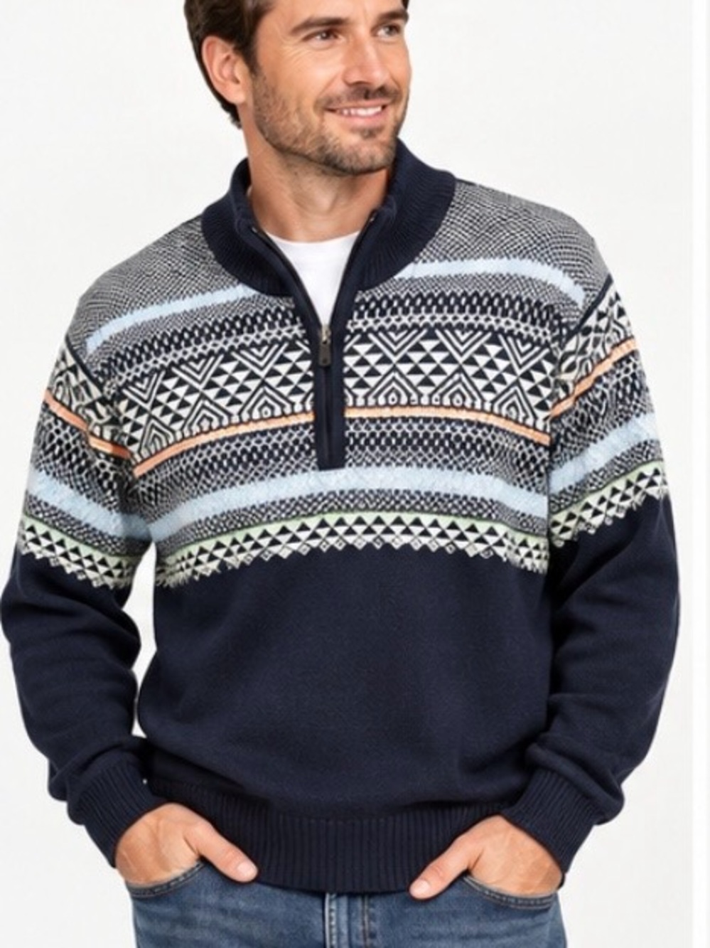 IZOD Men’s XXL Navy Fair Isle Nordic Quarter Zip 100% Cotton Pullover Sweater